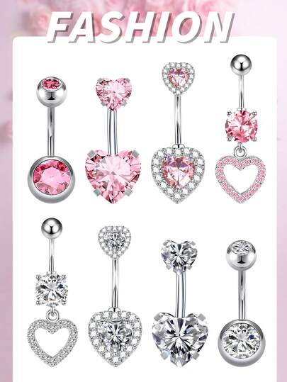Bộ 4 khuyên rốn hình trái tim bằng thép không gỉ, ngắn và dài, đính đá CZ, trang sức xỏ rốn thanh lịch dành cho phụ nữ và bé gái, kích thước 3/8" (10mm), màu bạc và hồng.