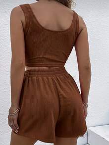 女士休闲罗纹针织两件套，圆领露脐背心和松紧腰短裤 - 咖啡棕 - 查看 2