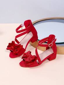 1 par de sandalias de tacón alto de verano para niñas, tacón grueso de punta puntiaguda, decoración de lazo de doble capa con strass, tacones altos de moda con tiras trenzadas rojas, adecuados para fiestas y reuniones - Rojo - Ver 2