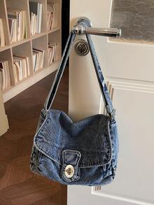 New Stylish And Soft Washed-Jeans-Inspired Shoulder Bag With A Flap Design; A Versatile, Roomy Crossbody Bag For Women With A Twist-Lock Closure, Perfect For Shopping And Commuting - 藍色 - 查看 7