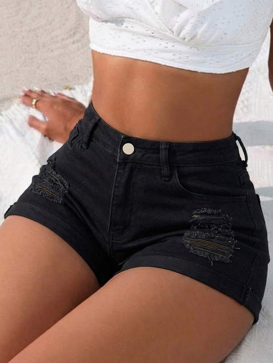 Women's Sexy Distressed Stretch Fitted Straight Leg Denim Shorts, Summer - Black - View 1
