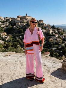 2026春夏新款女士撞色条纹翻领开衫短袖阔腿针织两件套，采用镂空针织面料，这款美式街头风套装散发着活力四射的个性魅力。非常适合海滩度假、休闲放松、海岛之旅和泳池派对，尽显成熟优雅气质。是假日装扮和海滩造型的理想之选。粉色 - 粉色 - 查看 6