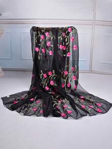 1pc Summer Sunscreen Shawl, Retro Embroidered Scarf, Beach Wrap, Floral Print, Polyester Fiber - Multicolor - View 11