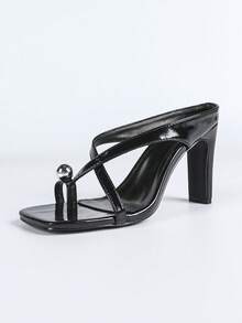 2026夏季新款银色方头粗跟凉鞋，性感交叉细带金属球形趾柱高跟鞋，时尚百搭，适合通勤和约会穿着，女士必备 - 黑色 - 查看 7