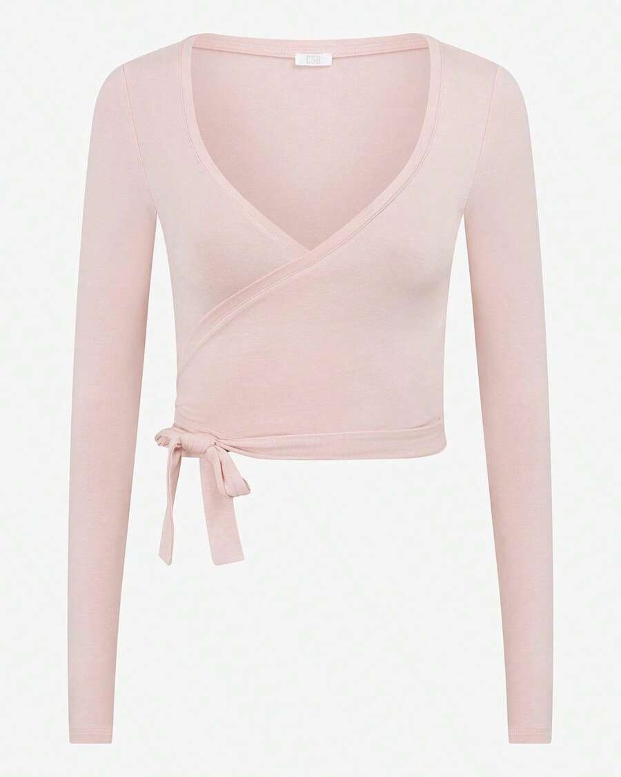 CSB Ballet Wrap Top - Elegant Long Sleeve Ribbed Activewear | Viral 2026 Women's Balletcore Luxury Gym Wear | Chic Cross-Over Yoga Cardigan | Comfortable Soft Performance Workout Top | Authentic Crop Shop Boutique Apparel - 臉紅 - 查看 1