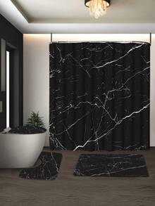 Bộ 4 món đơn giản, sang trọng, họa tiết vân đá cẩm thạch, gồm rèm tắm, thảm tắm, thảm chữ U và tấm phủ bồn cầu, 12 móc nhựa, kích thước 71*71 inch. - A - Xem 18