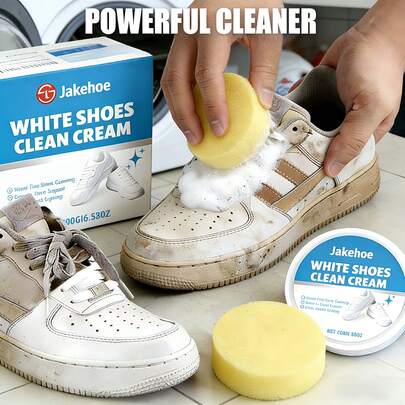  JAKEHOE White Sneaker Care Cream, Synthetic Leather Polish And Renovator; A Multi-Purpose Care Cream Designed To Restore The Original Luster Of Shoes And Leather Furniture, Easy To Apply, Suitable For Household Use. Gentle No-Rinse Dirt And Yellowing Removal Cleaner For White Sneakers. All-In-One Sneaker Cleaning Kit, Sneaker Cleaner, White Shoe Cleaner, Tennis Shoe Cleaner, Travel Shoe Cleaner