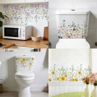 1/4 miếng dán trang trí bồn cầu hình hoa và bướm nhiều màu sắc, có thể tháo rời, chống thấm nước, dùng cho bồn cầu nhà tắm, trang trí nhà cửa theo phong cách thực vật.