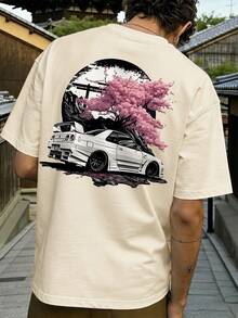 Fractyr 男士夏季时尚简约街头樱花树汽车元素印花圆领短袖T恤 | 百搭街头休闲日常穿搭，男友/老公礼物 - 杏色 - 查看 1