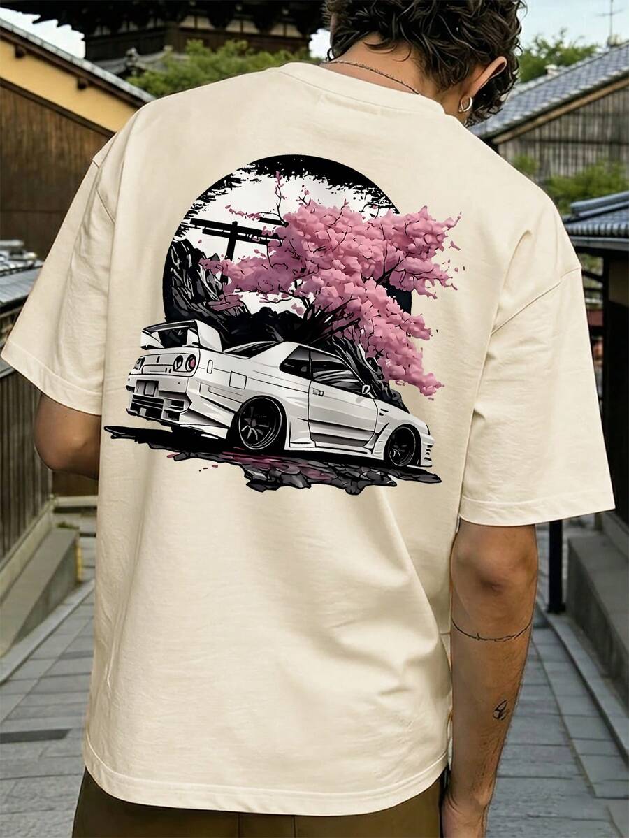 Fractyr 男士夏季时尚简约街头樱花树汽车元素印花圆领短袖T恤 | 百搭街头休闲日常穿搭，男友/老公礼物 - 杏色 - 查看 1