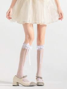 1/3 双春夏薄款过膝袜，芭蕾舞鞋款中筒袜，洛丽塔蝴蝶结袜，网眼镂空无跟长袜，蕾丝边直筒袜，心形图案袜 - 彩色 - 查看 7