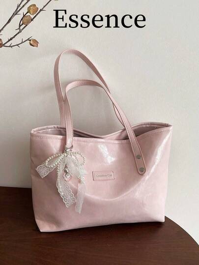 1pc Pink Pearl Decor Solid Color PU Tote Bag, Large Capacity Women Shoulder Bag, Spring New Arrival