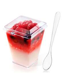 Bộ 10 cốc tráng miệng vuông có nắp, cốc đựng bánh pudding cao cấp, có thể tái sử dụng, thích hợp cho sữa chua, trái cây, mousse và các món tráng miệng nhỏ. - trong suốt - Xem 9