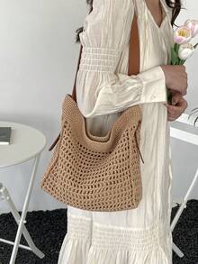 Nueva bolsa de mano minimalista tejida y calada, de gran capacidad, bolso de hombro único y de alta gama, perfecto para vacaciones y viajes diarios. - Marrón - Ver 6