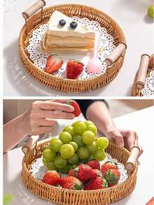 1 pieza Bandeja ovalada tejida a mano de ratán, plato portátil de estilo japonés para postres y frutas, cesta de almacenamiento, adecuada para almacenamiento, decoración, decoración rústica del hogar, maceta, portavelas, accesorios navideños, suministros para fiestas de cumpleaños, regalo de cumpleaños - Marrón moca-con asa - Ver 10