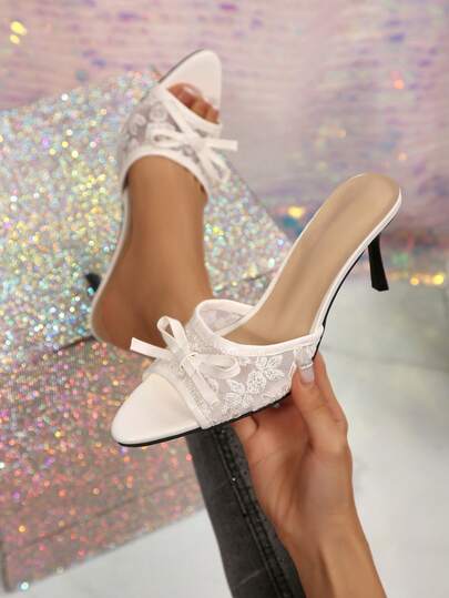 女士尖头优雅高跟鞋，网纱蝴蝶结装饰，纯色西部风格婚礼派对高跟鞋，舒适女士礼服鞋，正式鞋，舞会礼服高跟鞋，优雅女士凉鞋