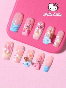 SANRIO 24片Y2K中号方形3D法式美甲贴片 - 可爱3D花朵装饰，饰以彩色珍珠和水钻，完美适配亚克力假指甲套装。适合日常派对和聚会使用。 - 彩色 - 查看 3