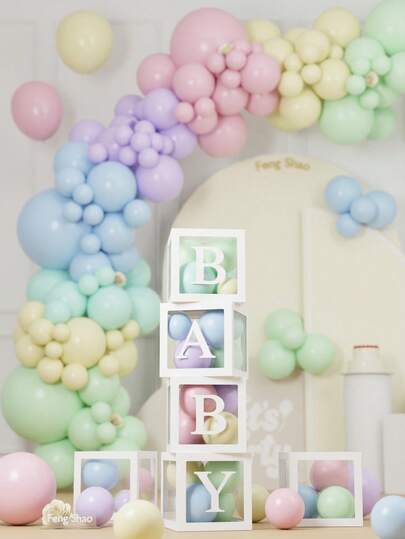 字母气球盒，粉彩派对气球，25厘米透明婴儿派对气球盒，内含13厘米字母，粉彩浅色什锦气球，适用于花环拱门套装，非常适合生日、性别揭晓派对、迎婴派对、洗礼、房间装饰、婚礼、周年纪念、毕业典礼、公主派对、复活节、派对装饰用品