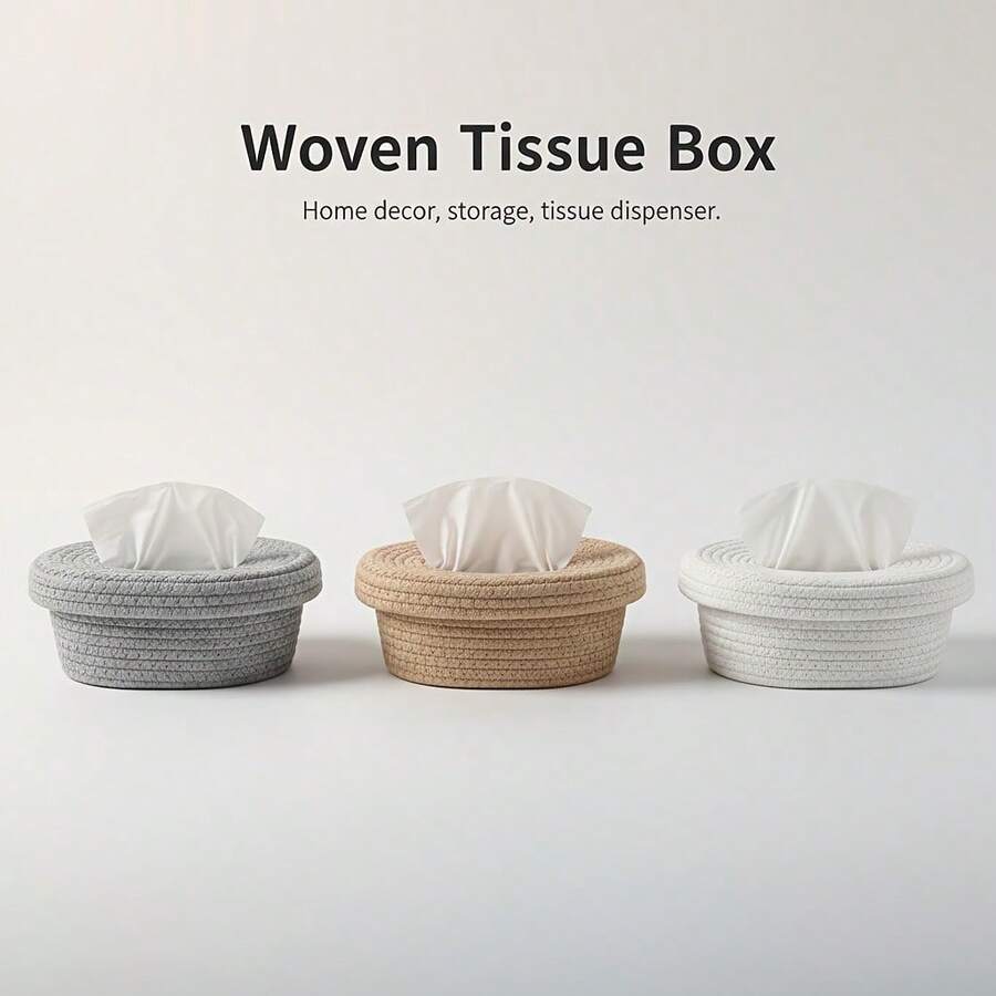 纸巾盒,纸巾收纳盒,高品质新款纸巾盒,简约设计,适用于客厅、卧室、餐桌等家居场所,棉绳手工编织,3种颜色可选 - 灰色 - 查看 1