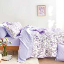 - Floral Quilt Set Coquette Cottagecore Shabby Chic Flower for Women Teen Girls Reversible Lightweight Bedspread Coverlet 3 Pieces Purple White Queen/Full Size - Blanco púrpura - Ver 5