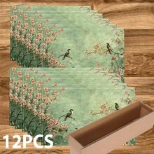 Bộ 4/6/8 tấm lót bàn ăn họa tiết chim và hoa cổ điển, trang trí tiệc, thảm trải bàn bằng vải lanh (khăn trải bàn in có thể giặt), tấm bảo vệ bề mặt, vật trang trí lý tưởng cho nhà bếp trong dịp lễ và các buổi họp mặt gia đình. - Nhiều màu - Xem 15