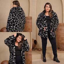Plus Size Teddy Coat, Lined Inside, With Hood, Women's Cold Weather Overcoat - Hitam dan Putih - View 1