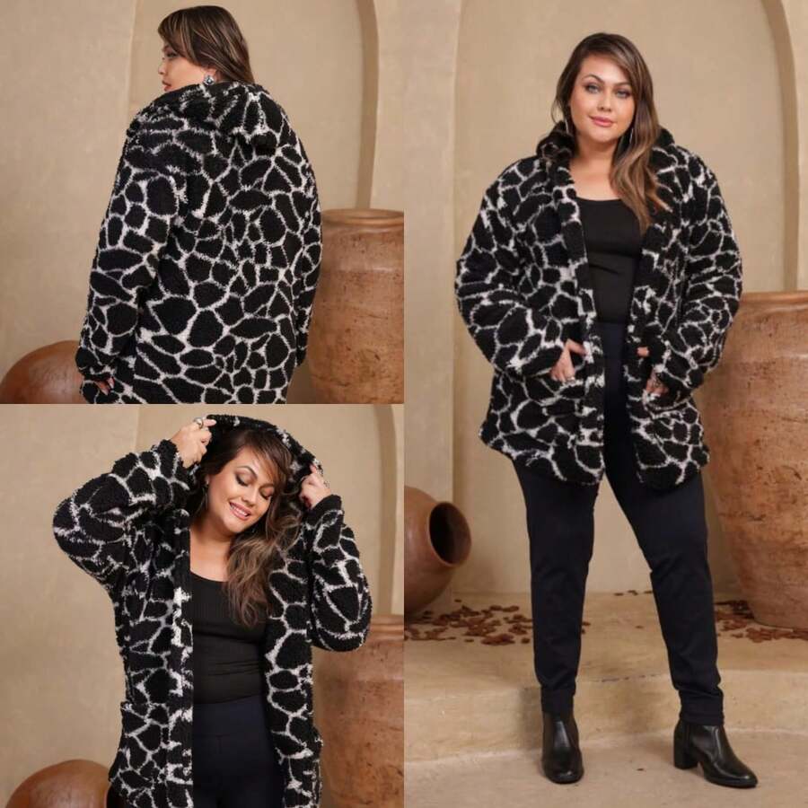 Plus Size Teddy Coat, Lined Inside, With Hood, Women's Cold Weather Overcoat - Hitam dan Putih - View 1