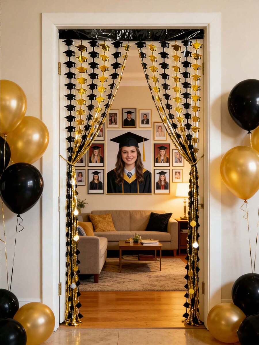 Decoração de parede para festa de formatura de 2026, cerimônia de colação de grau, reencontro, tema de formatura, cortina de fundo - Guirlanda de borlas de chapéu de formatura metálica preta e dourada - multicolorido - Ver 1