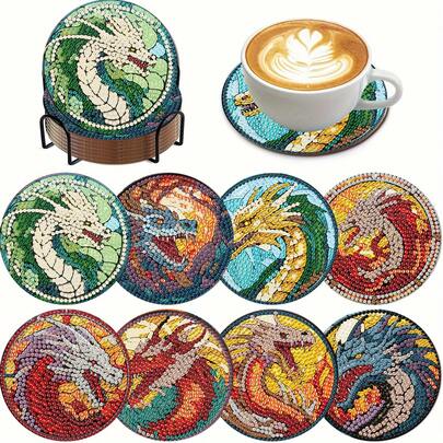 Bộ 8 đế lót ly tranh đính kim cương, bề mặt kim cương mịn bóng, keo dán chắc chắn kèm đầy đủ dụng cụ, dễ dàng cho người mới bắt đầu, đồ thủ công giúp giảm căng thẳng, quà tặng năm mới, Ngày Valentine, Giáng sinh, Ngày Nhà giáo, đế lót ly trang trí nhà cửa cho gia đình, bạn bè, bạn gái, giáo viên.