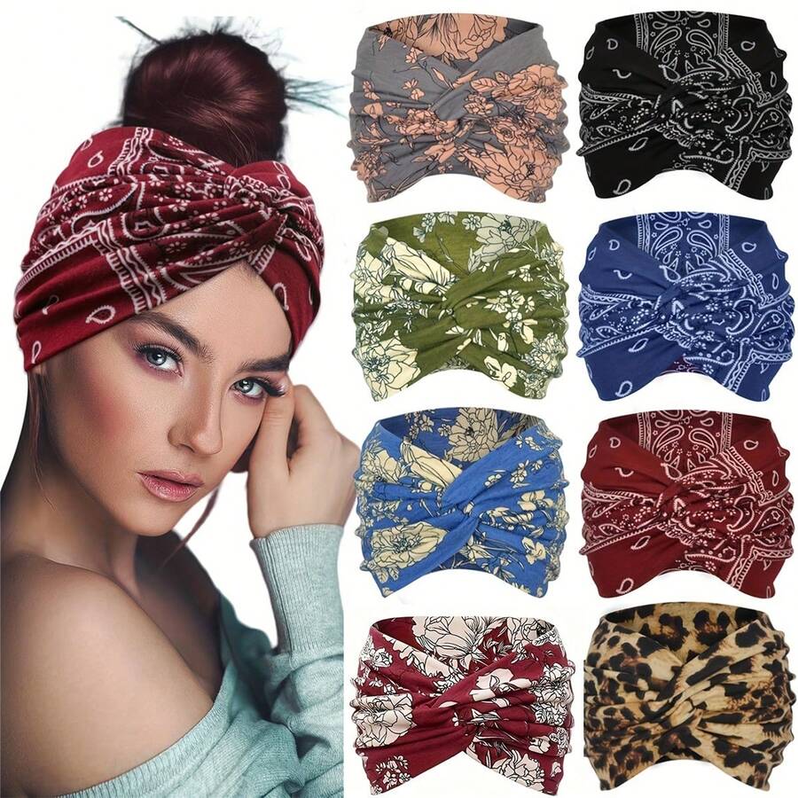 8pcs Bohemian Style Elastic Headbands, Suitable For Women, 5.5 Inch Stretchy Sports Headband Set, Polyester Hair Ties, Fashion Hair Accessories, No Feathers, Various Prints Summer Beach Hair Band Vacay Sweatband,Holiday,Travel,Festival,Birthday - Multicolor - View 1