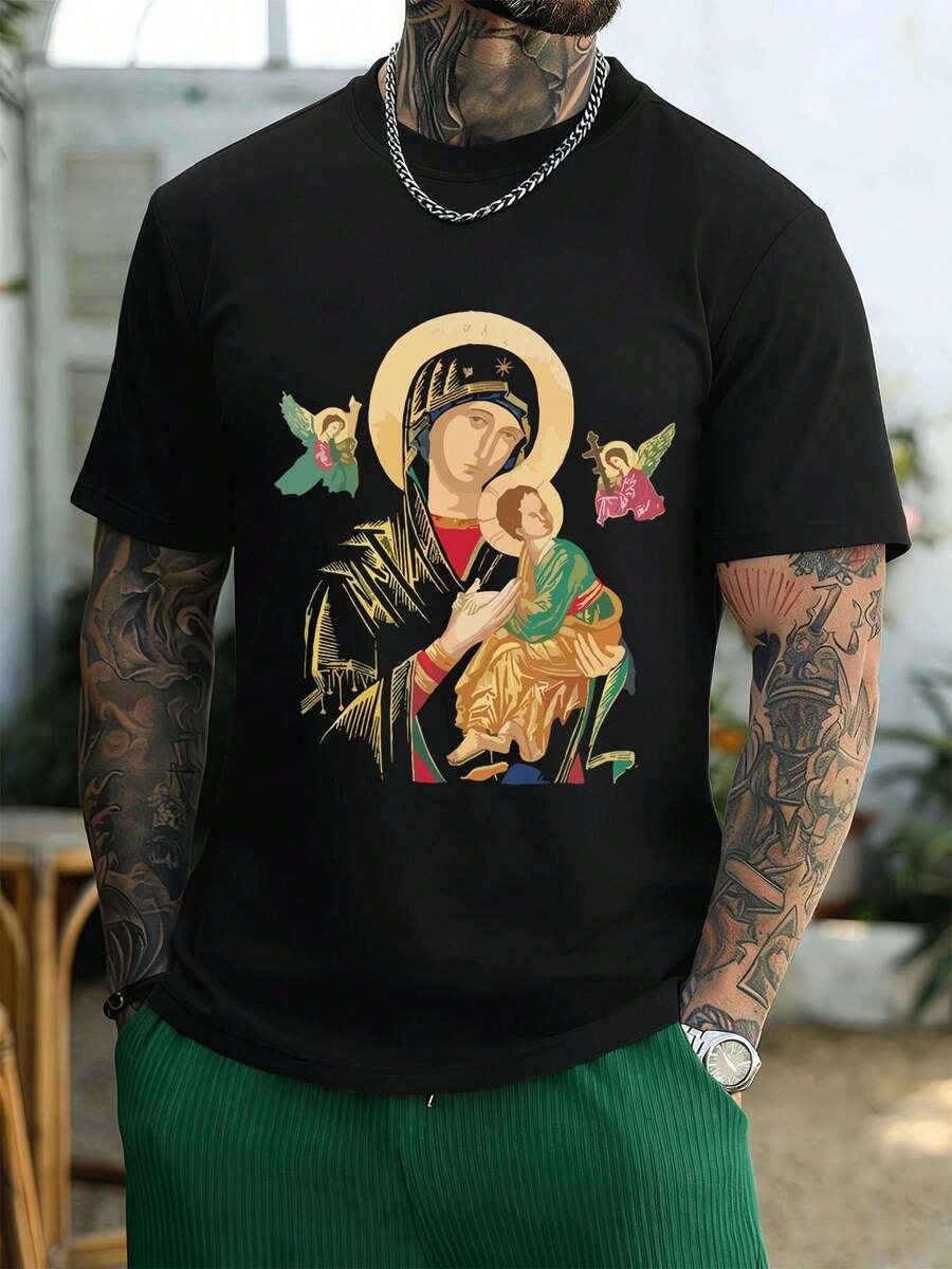T-shirt con stampa grafica Vintage Icon, 100% cotone, vestibilità comoda, stile street hip-hop, confortevole, stampa artistica, nuovo arrivo - nero - Visualizzare 1