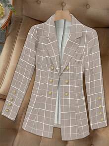 Women's Front Button Notched Collar Long Sleeve Plaid Casual Blazer Spring - Apricot - View 3