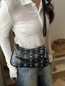 鳄鱼纹韩版女士手提包，新款时尚单肩包，简约新月形托特包，适合OL - 黑色 - 查看 3