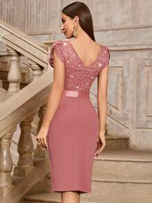 MIUSOL Elegant Sequin Lace Puff Sleeve Ruched Split Thigh Cocktail Party Bodycon Dress,Semi Formal Women Dress,For Wedding Guest, Graduation, Dinner - Dusty Pink - View 3