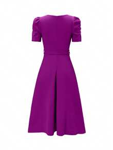 Vestido de mujer de cuello en V elegante con volantes en el bajo, vestido midi asimétrico/irregular de unicolor para ocasiones elegantes, bodas, oficina, uso diario, primavera/verano - Morado Violeta - Ver 5