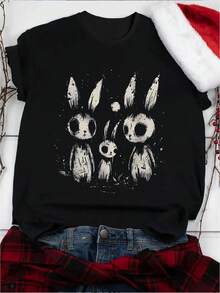 OVERSIZE Rabbit Family Cartoon Print Single Piece Multi-Color Women's Short Sleeve Stretch Top - màu đen - Xem 3