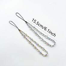 Fashionable Minimalist Iridescent Transparent Crystal Ball Beaded Phone Lanyard, Handmade Phone/Camera Charm - Silver - View 2