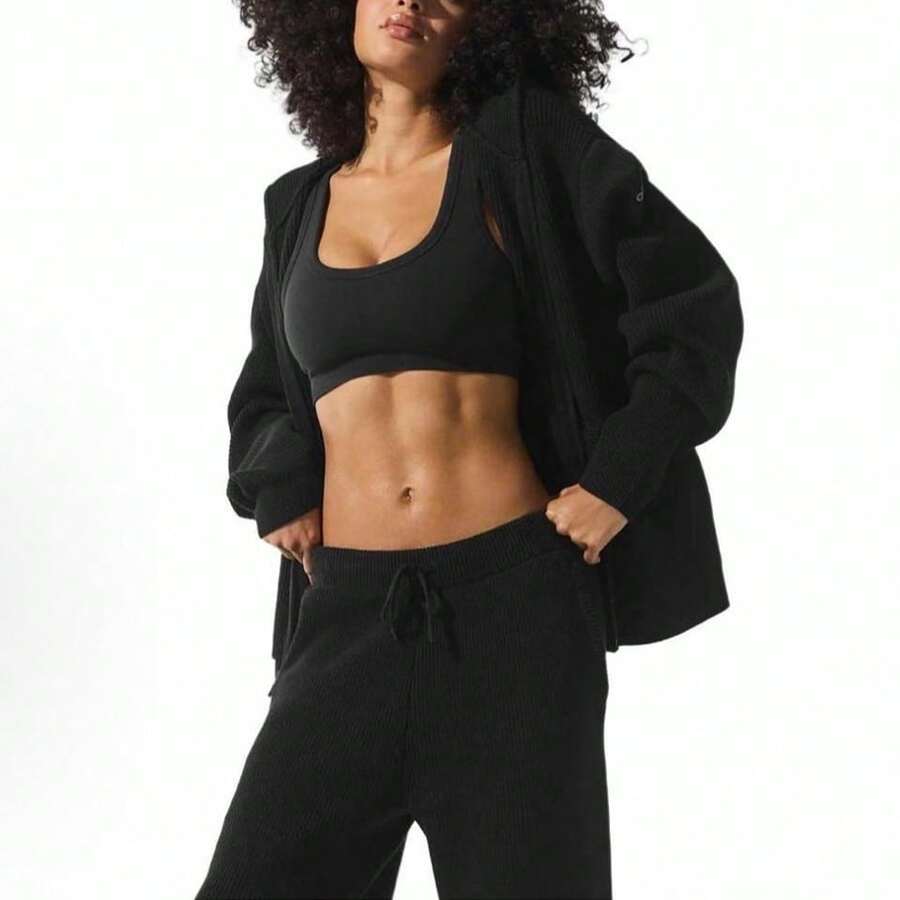 Alo Yoga Domain Rib Knit Full Zip Sweater - Premium Ribbed Knit Cardigan | Viral 2026 Women's Luxury Lounge Wear | Slim Fit Full-Zip Mock Neck Sweater | Comfortable Soft Daily Streetwear | Authentic Designer Knitwear Apparel - 黑色 - 查看 1