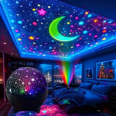 Lámpara proyectora de estrellas y luna, diseño ligero alimentado por USB, luz de ambiente compacta para dormitorio, regalo de cumpleaños, montada en el escritorio, adecuada para 11 festivales, decoración de Halloween, decoración navideña, aplicable para dormitorio, sala de estar