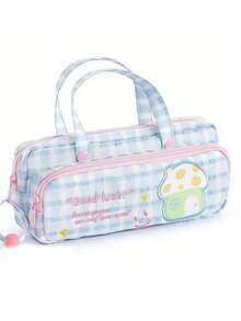 Bolsa de papelería portátil con doble capa y gran capacidad, estilo lindo a cuadros para almacenamiento de útiles escolares/de oficina - bordado a cuadros - Ver 8