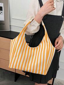 一件装黑白条纹帆布大容量敞口休闲单肩包，适合女性日常通勤。 - 彩色 - 查看 9