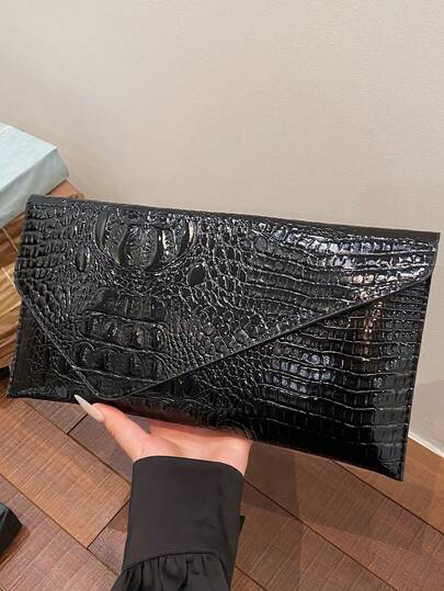 1 chiếc ví cầm tay bằng da PU màu trơn, kiểu dáng tối giản, túi xách thường ngày, ví phong bì retro mới, túi có khóa kéo, túi dự tiệc họa tiết da cá sấu thời trang đa năng, dung tích lớn, phù hợp cho tiệc tùng, hẹn hò, mua sắm, đám cưới, du lịch và sử dụng hàng ngày.