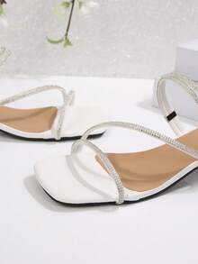 法式水钻装饰粗跟凉鞋，夏季新款细带设计，显瘦、时尚、百搭、优雅高跟鞋 - 白色 - 查看 6