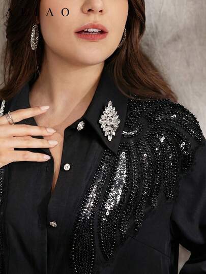 Camisa de manga larga elegante y decorativa con bordado floral 3D brillante, talla grande, para mujer, para primavera, festivales, vacaciones, conciertos, unicolor, para brunch, vestido de invitada de boda, estilo bohemio, Año Nuevo, temporada de graduación, color negro