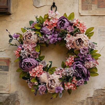 Vòng hoa mẫu đơn nhân tạo màu tím trang nhã, vòng hoa mùa xuân sống động như thật cho Ngày Valentine, Ngày của Mẹ, Lễ Tạ ơn, các ngày lễ, trang trí đám cưới, chụp ảnh cưới, treo cửa trước.