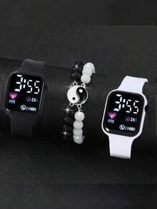 4件套 LED 数字显示情侣心形方形电子手表 - 黑與白 - 查看 10