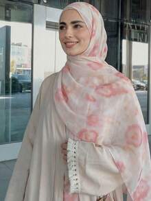 1条女士宽边橙色花卉印花围巾，轻盈透气柔软水彩印花头巾披肩，优雅百搭日常头巾，适合所有季节 - 彩色 - 查看 2