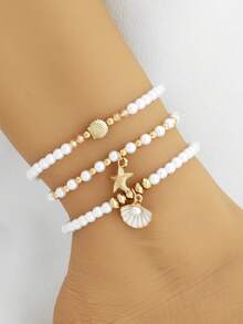 1 Set Of 3 Pcs Summer Fashion Shell Shaped Women Anklet, Faux Pearl & Starfish Decor Elastic Bracelet Jewelry Set - Multicolor - View 4