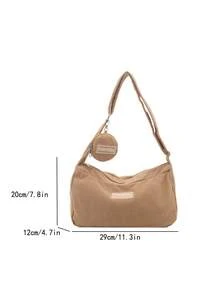 1 chiếc túi xách nữ màu kaki nhung kẻ, khóa kéo trơn, trang trí chữ, thời trang, đa năng, màu trơn tối giản, hàng mới về mùa xuân, kiểu dáng Niche, đeo chéo vai 2 mảnh, phù hợp cho nữ sử dụng hàng ngày. - Màu Khaki - Xem 2
