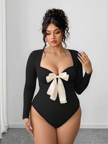 Áo liền thân dài tay bằng vải dệt kim thắt nơ dành cho nữ, màu đen. - màu đen - Xem 2